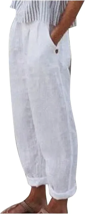 ADHOWBEW Women Linen Pants Vacation Relaxed Fit Spring 2025 Travel Flowy Casual Trendy Dressy Trousers
