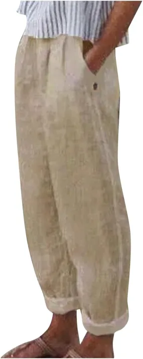 ADHOWBEW Women Linen Pants Vacation Relaxed Fit Spring 2025 Travel Flowy Casual Trendy Dressy Trousers