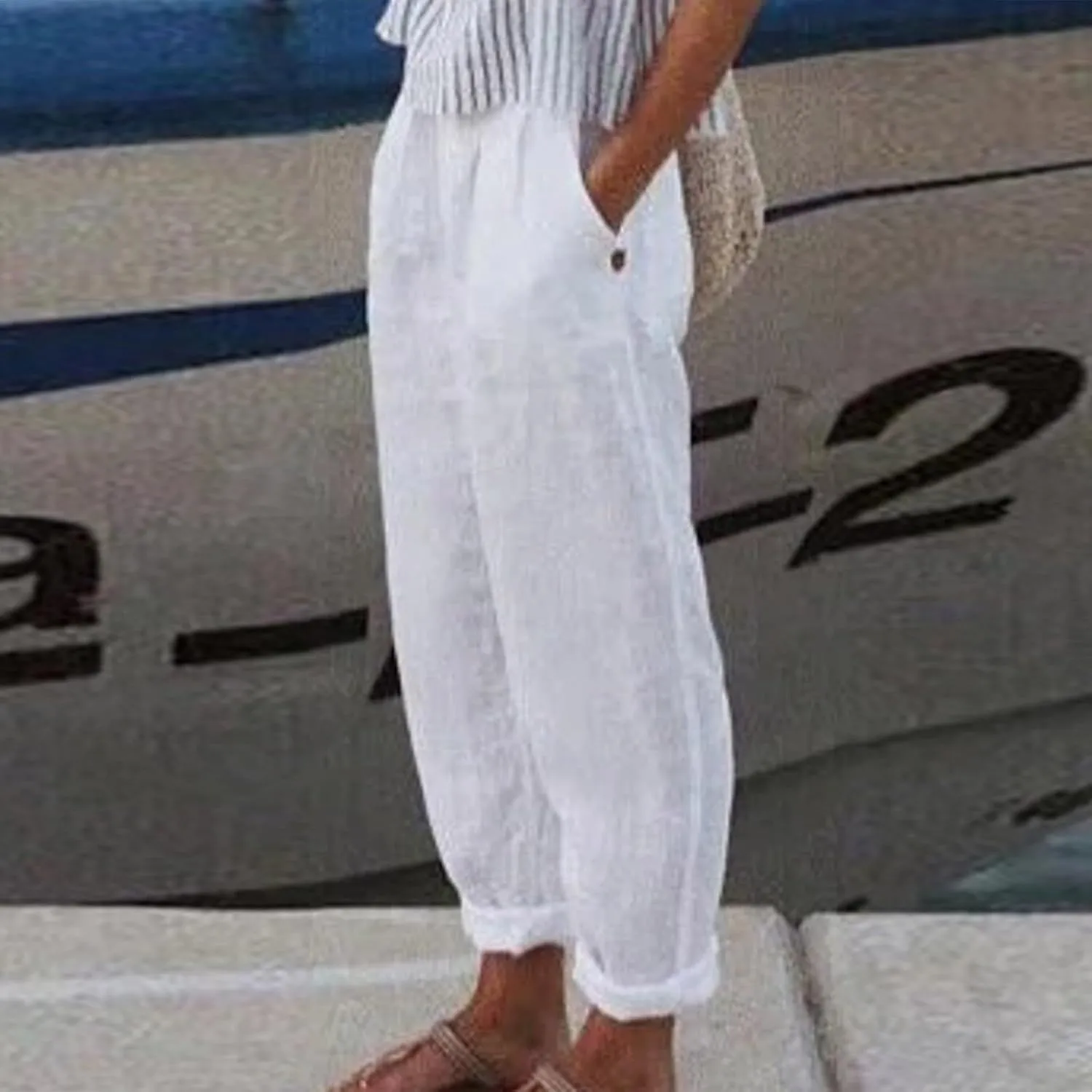 ADHOWBEW Women Linen Pants Vacation Relaxed Fit Spring 2025 Travel Flowy Casual Trendy Dressy Trousers