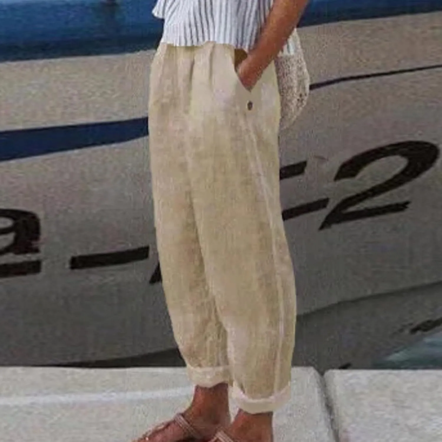 ADHOWBEW Women Linen Pants Vacation Relaxed Fit Spring 2025 Travel Flowy Casual Trendy Dressy Trousers