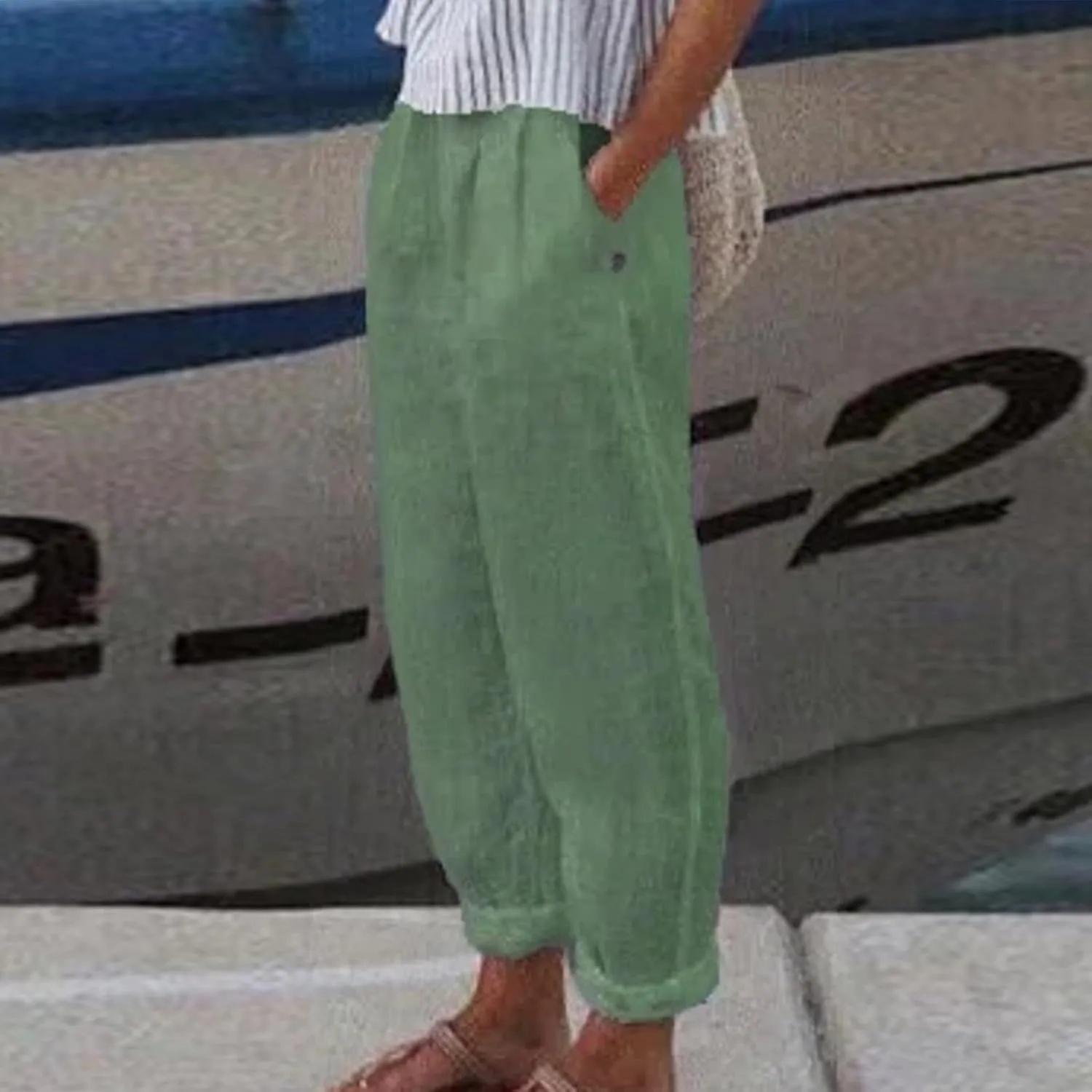 ADHOWBEW Women Linen Pants Vacation Relaxed Fit Spring 2025 Travel Flowy Casual Trendy Dressy Trousers