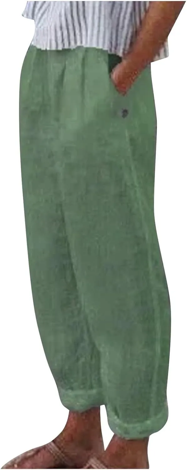 ADHOWBEW Women Linen Pants Vacation Relaxed Fit Spring 2025 Travel Flowy Casual Trendy Dressy Trousers