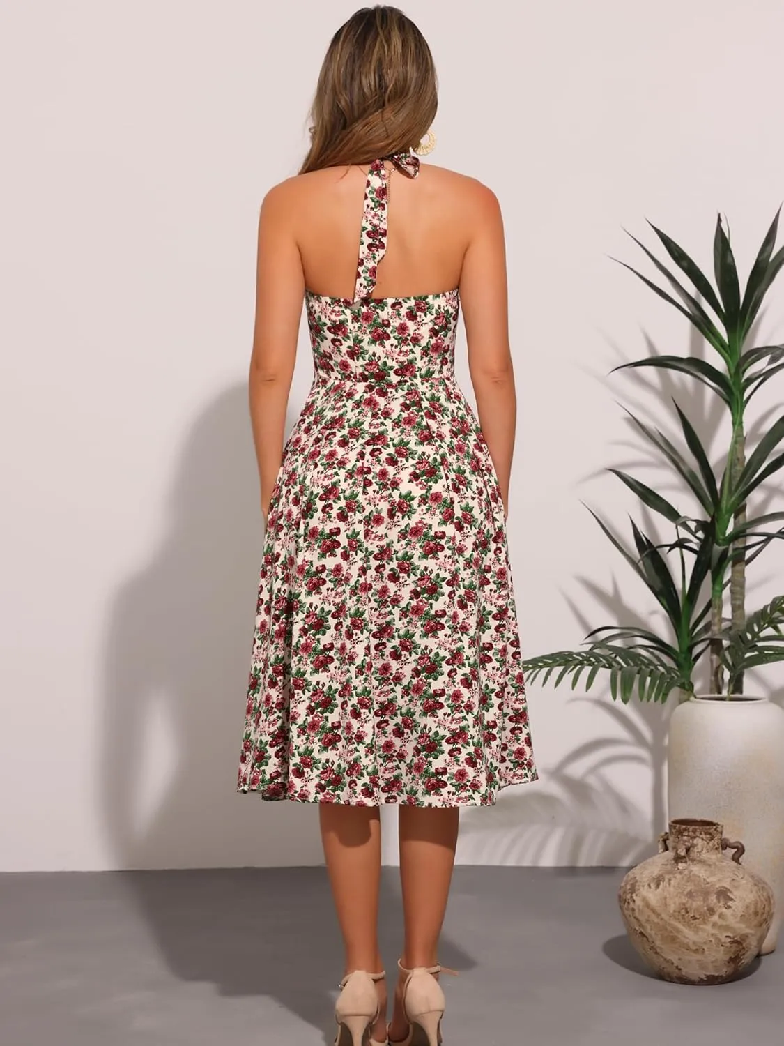 Allegra K Halter Neck Floral Dress for Women's Summer Sundress Sleeveless Lace Up Midi Dresses
