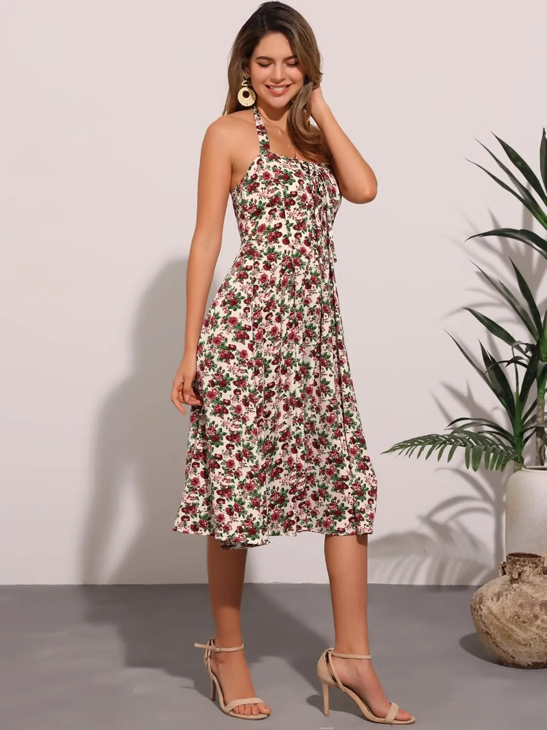 Allegra K Halter Neck Floral Dress for Women's Summer Sundress Sleeveless Lace Up Midi Dresses