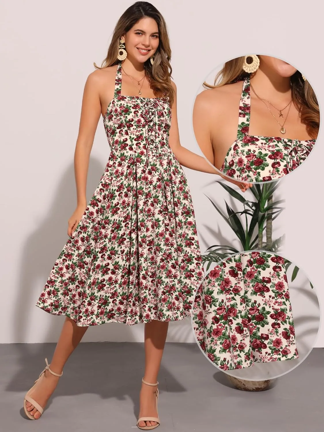 Allegra K Halter Neck Floral Dress for Women's Summer Sundress Sleeveless Lace Up Midi Dresses