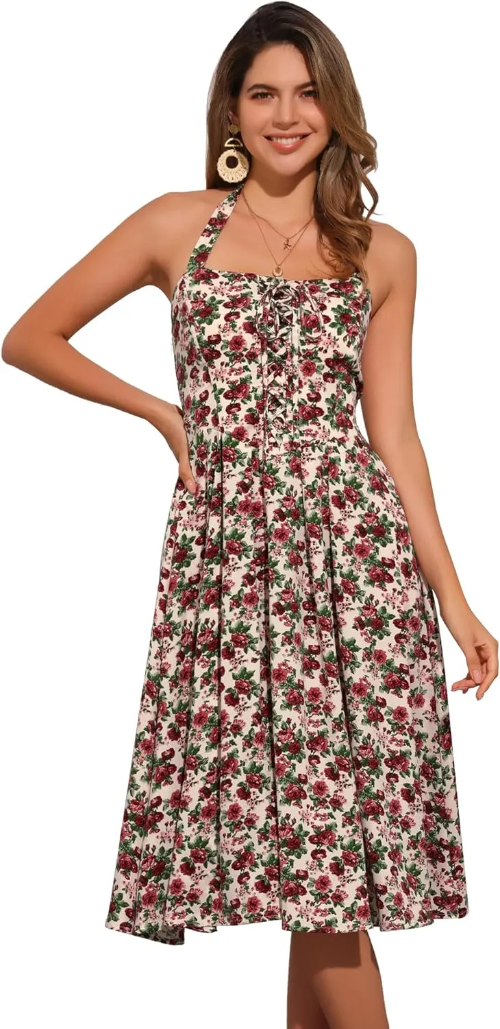 Allegra K Halter Neck Floral Dress for Women's Summer Sundress Sleeveless Lace Up Midi Dresses
