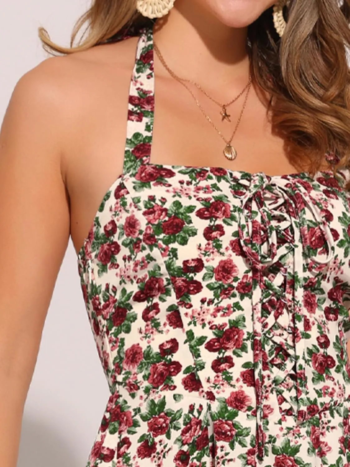 Allegra K Halter Neck Floral Dress for Women's Summer Sundress Sleeveless Lace Up Midi Dresses