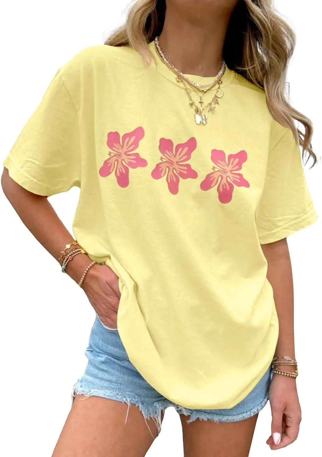 BAIGRAM Women Oversized Floral Graphic Tee Shirt Top Y2K Aesthetic Cotton Short Sleeve Summer Beach Coastal Tshirt Going Out