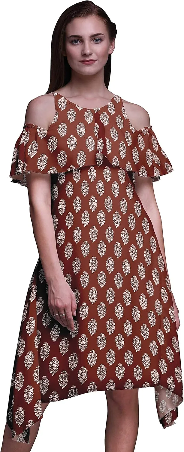 Bimba Butterfly Print Womens Chic Style Cold Shoulder Shift Dress Summer Tunic -Large