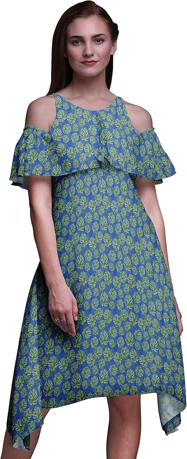 Bimba Moss Georgette Printed Womens Chic Style Cold Shoulder Tunic Party Knee Long Shift Dress
