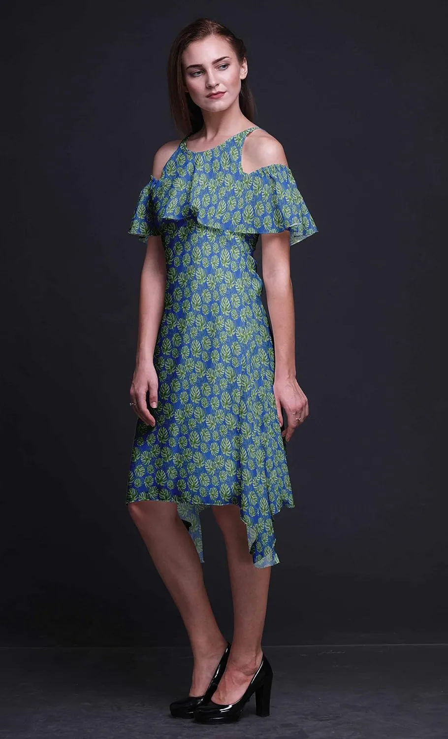 Bimba Moss Georgette Printed Womens Chic Style Cold Shoulder Tunic Party Knee Long Shift Dress