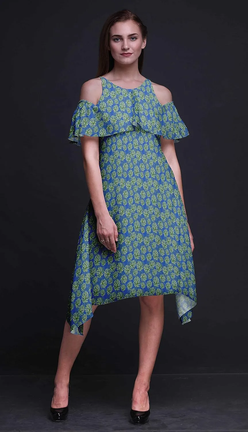 Bimba Moss Georgette Printed Womens Chic Style Cold Shoulder Tunic Party Knee Long Shift Dress