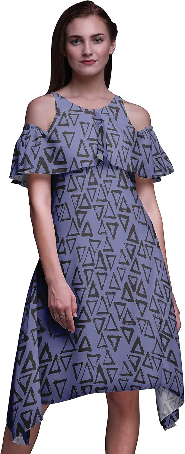 Bimba Moss Georgette Printed Womens Chic Style Cold Shoulder Tunic Party Knee Long Shift Dress