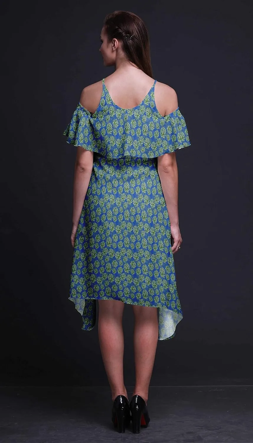 Bimba Moss Georgette Printed Womens Chic Style Cold Shoulder Tunic Party Knee Long Shift Dress