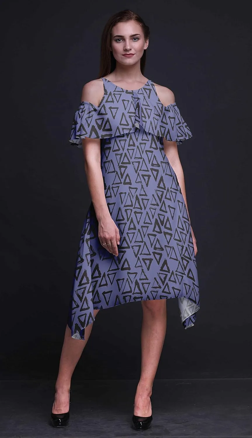 Bimba Moss Georgette Printed Womens Chic Style Cold Shoulder Tunic Party Knee Long Shift Dress