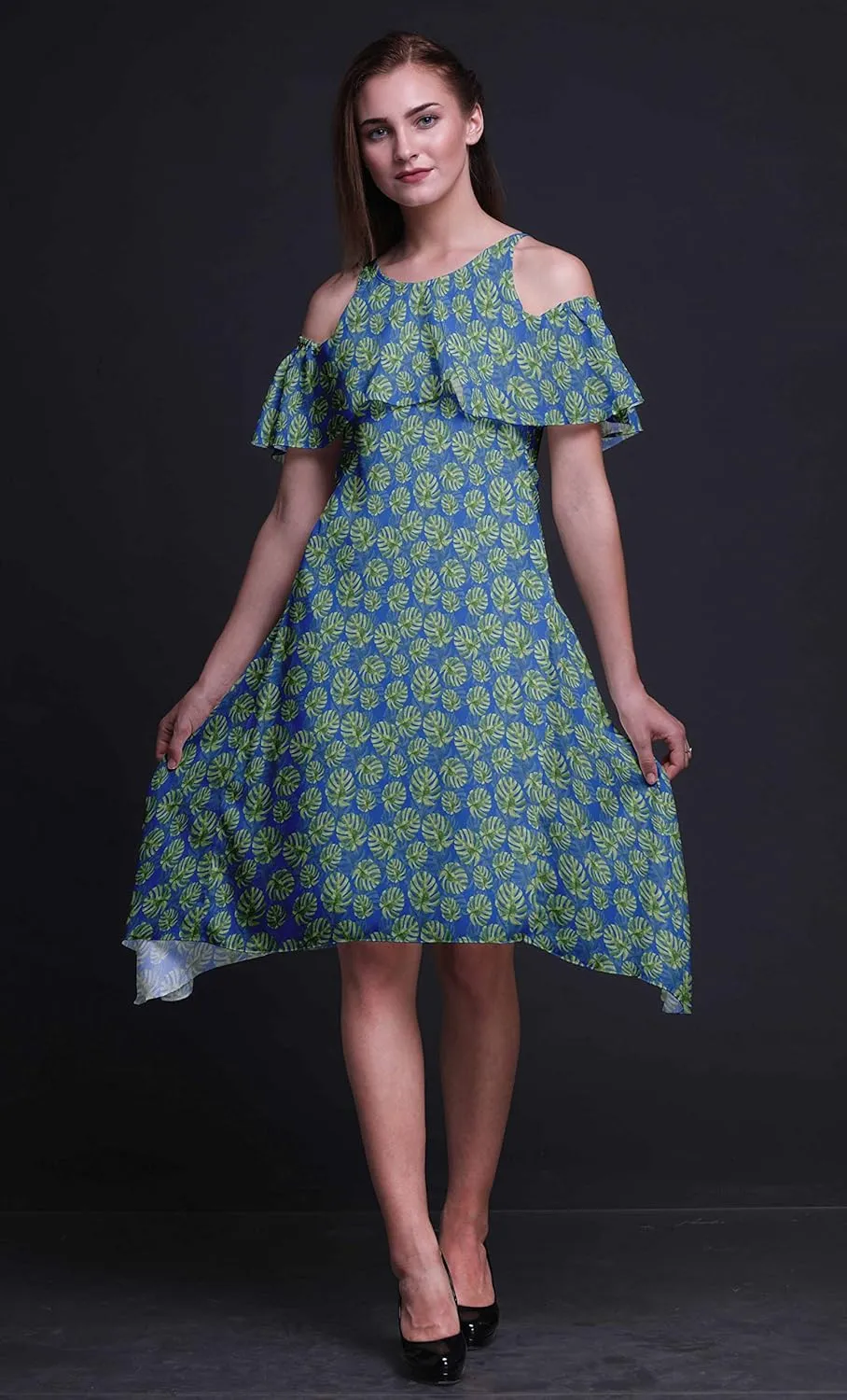 Bimba Moss Georgette Printed Womens Chic Style Cold Shoulder Tunic Party Knee Long Shift Dress