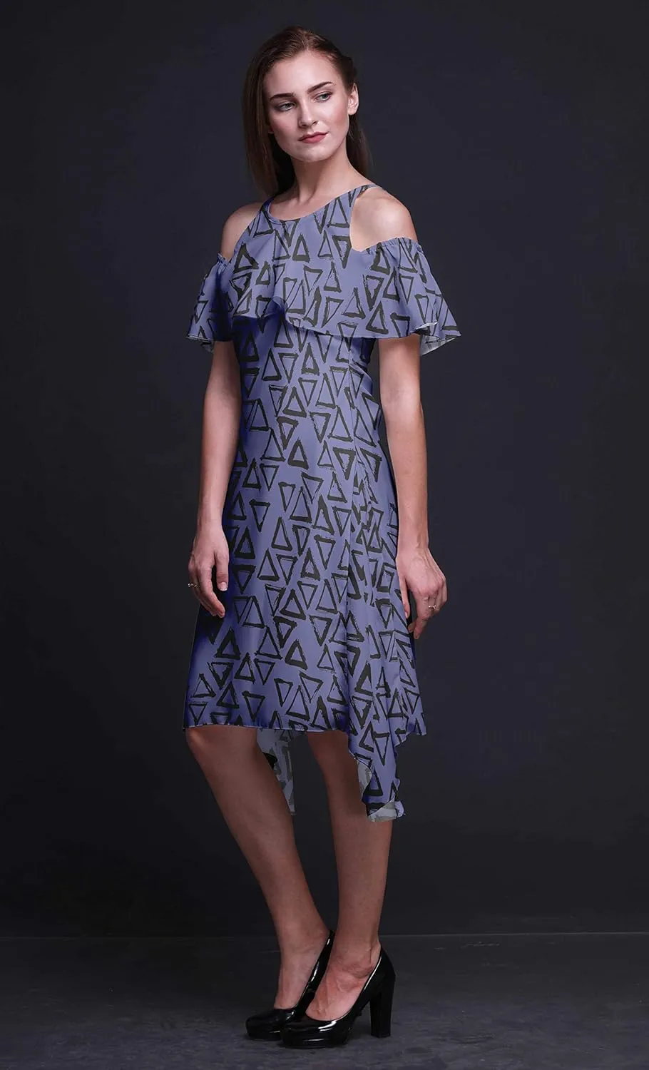 Bimba Moss Georgette Printed Womens Chic Style Cold Shoulder Tunic Party Knee Long Shift Dress