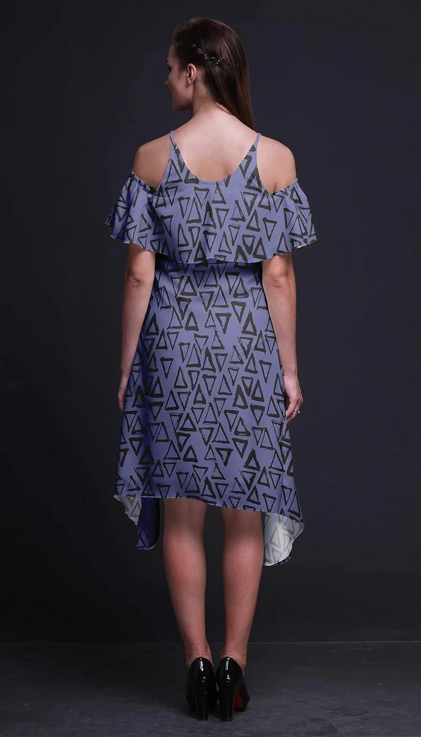 Bimba Moss Georgette Printed Womens Chic Style Cold Shoulder Tunic Party Knee Long Shift Dress
