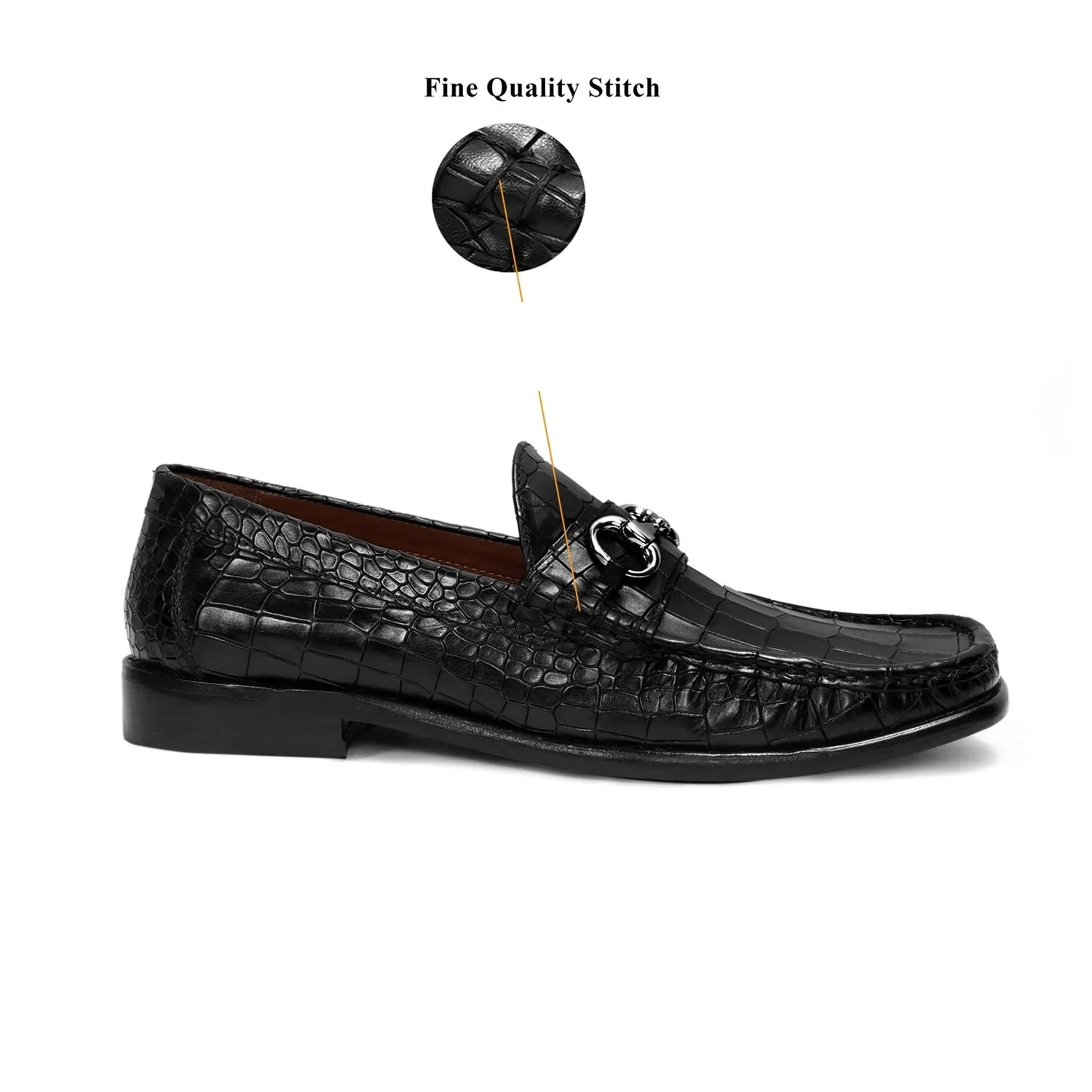 Black Croco Textured Leather Loafer With Horsebit Silver Detailing