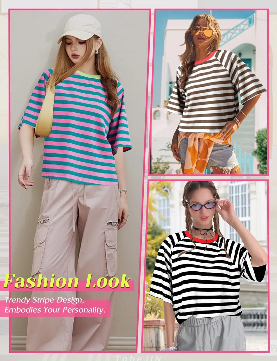 Buauty Women Oversized Striped T Shirts, Color Block Summer Tops, Crew Neck Short Sleeve Casual Tee, Fashion Trendy Loose Top