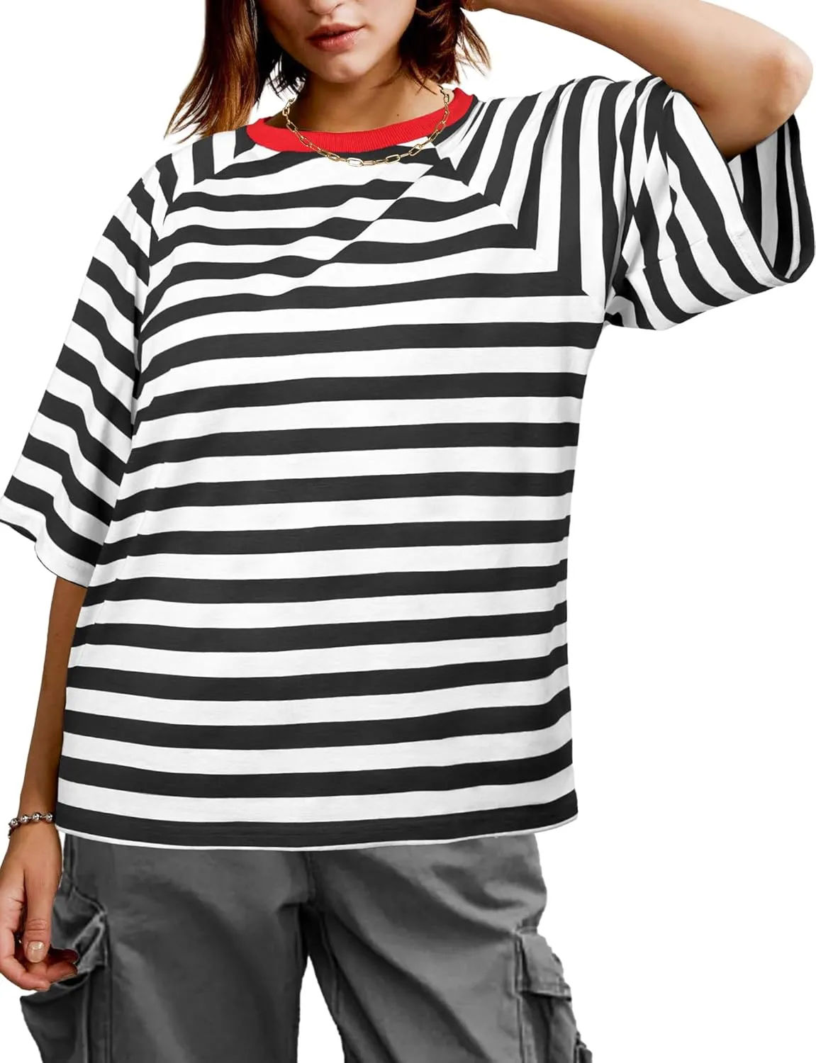 Buauty Women Oversized Striped T Shirts, Color Block Summer Tops, Crew Neck Short Sleeve Casual Tee, Fashion Trendy Loose Top
