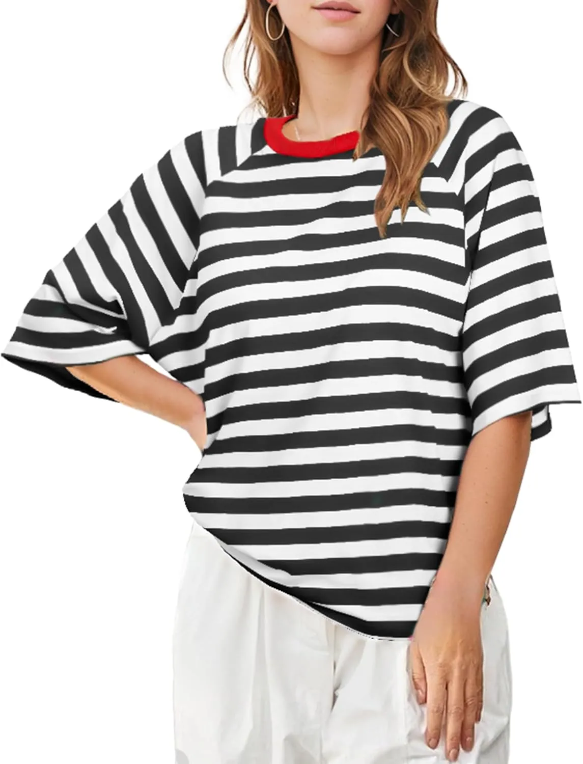 Buauty Women Oversized Striped T Shirts, Color Block Summer Tops, Crew Neck Short Sleeve Casual Tee, Fashion Trendy Loose Top