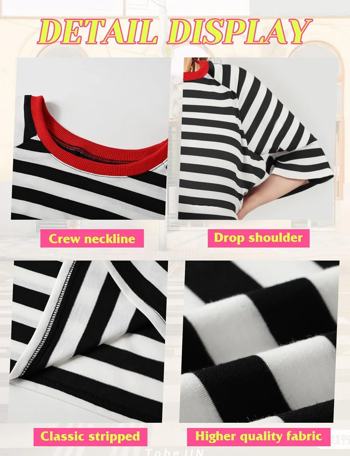 Buauty Women Oversized Striped T Shirts, Color Block Summer Tops, Crew Neck Short Sleeve Casual Tee, Fashion Trendy Loose Top