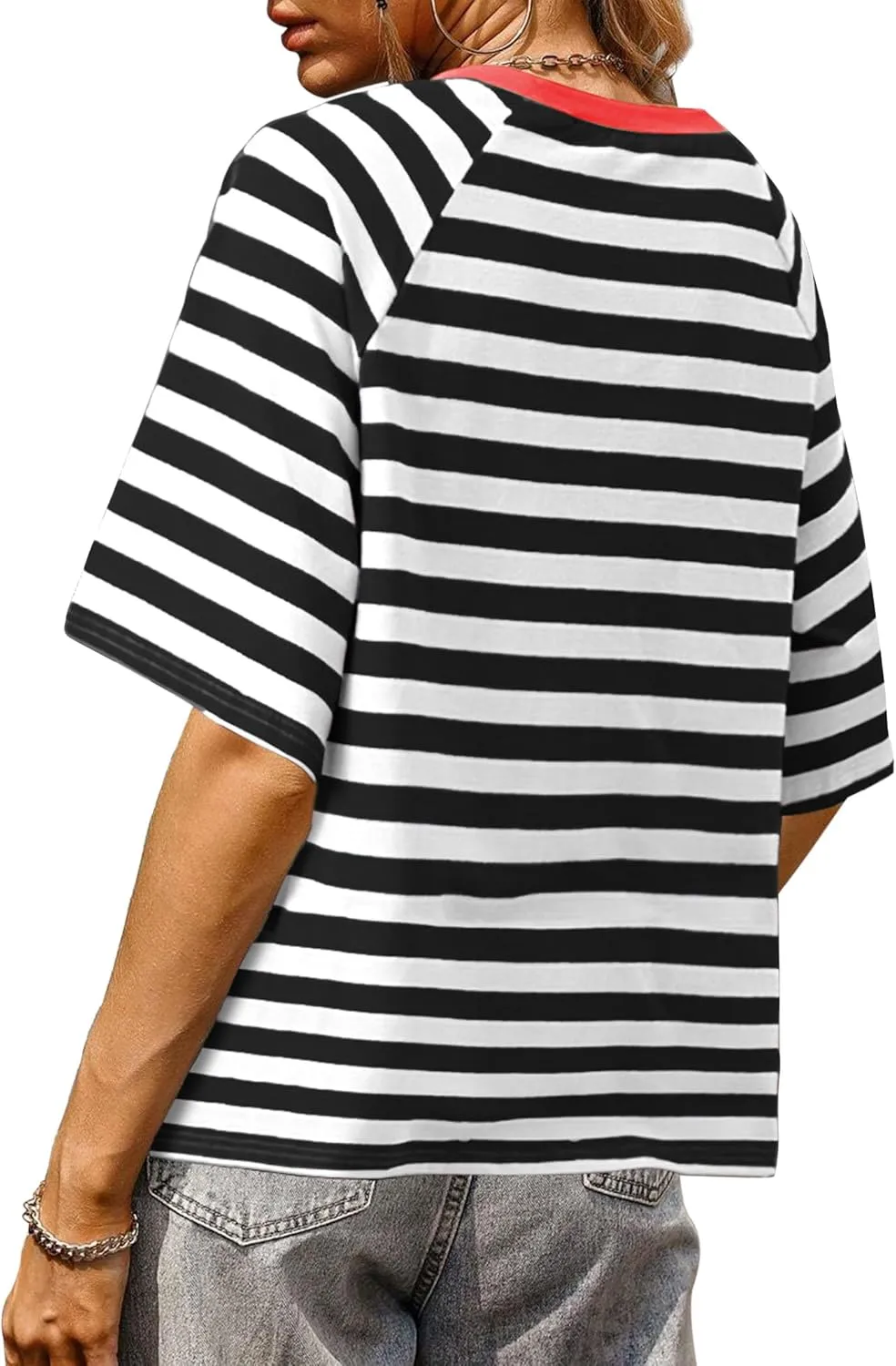 Buauty Women Oversized Striped T Shirts, Color Block Summer Tops, Crew Neck Short Sleeve Casual Tee, Fashion Trendy Loose Top
