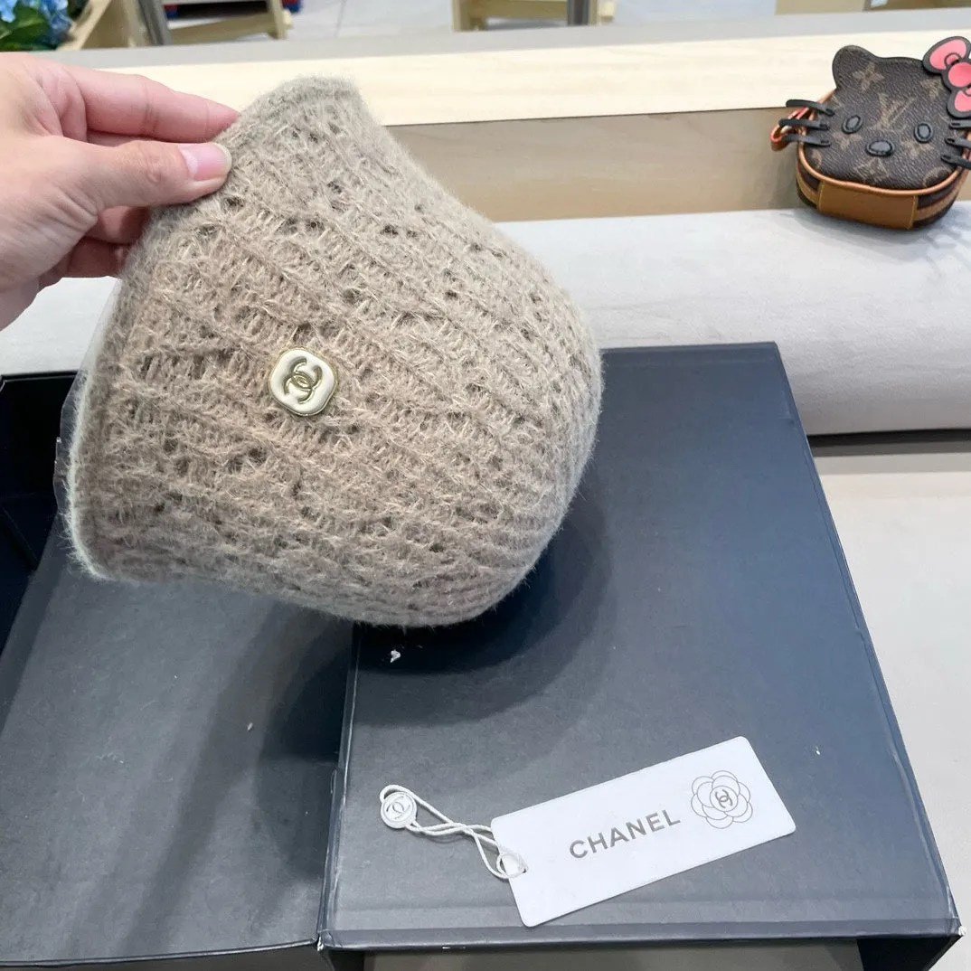 BUCKET HAT KHAKI BROWN KNITTED FABRIC WITH RABBIT FUR 428091
