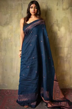 Classic Navy Blue Soft Silk Saree With Ideal Blouse Pieced