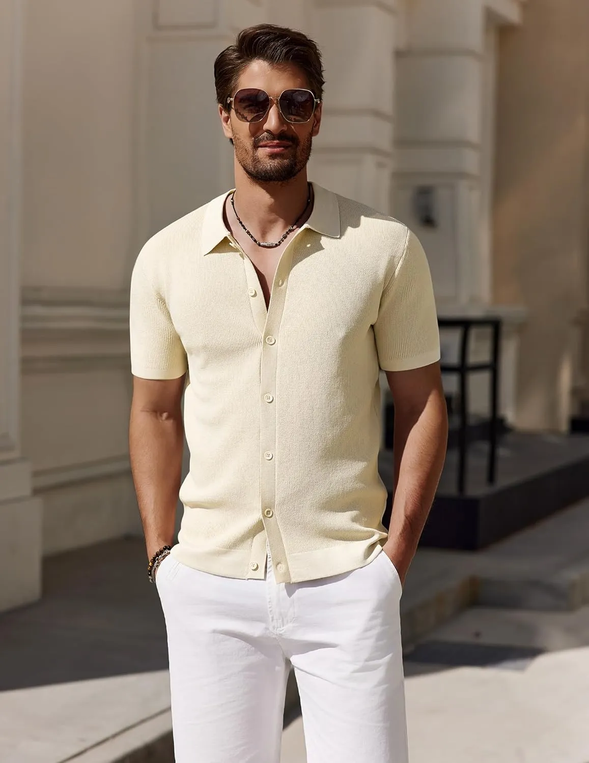 COOFANDY Men's Vintage Knit Shirt Short Sleeve Button Down Polo Shirts for Summer Casual & Vacation