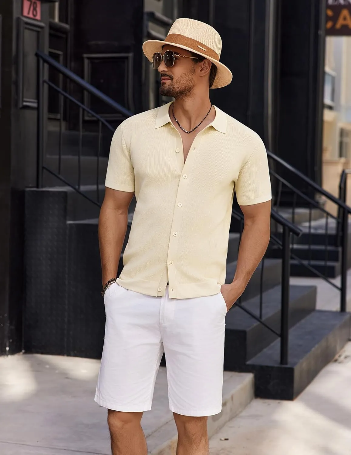 COOFANDY Men's Vintage Knit Shirt Short Sleeve Button Down Polo Shirts for Summer Casual & Vacation