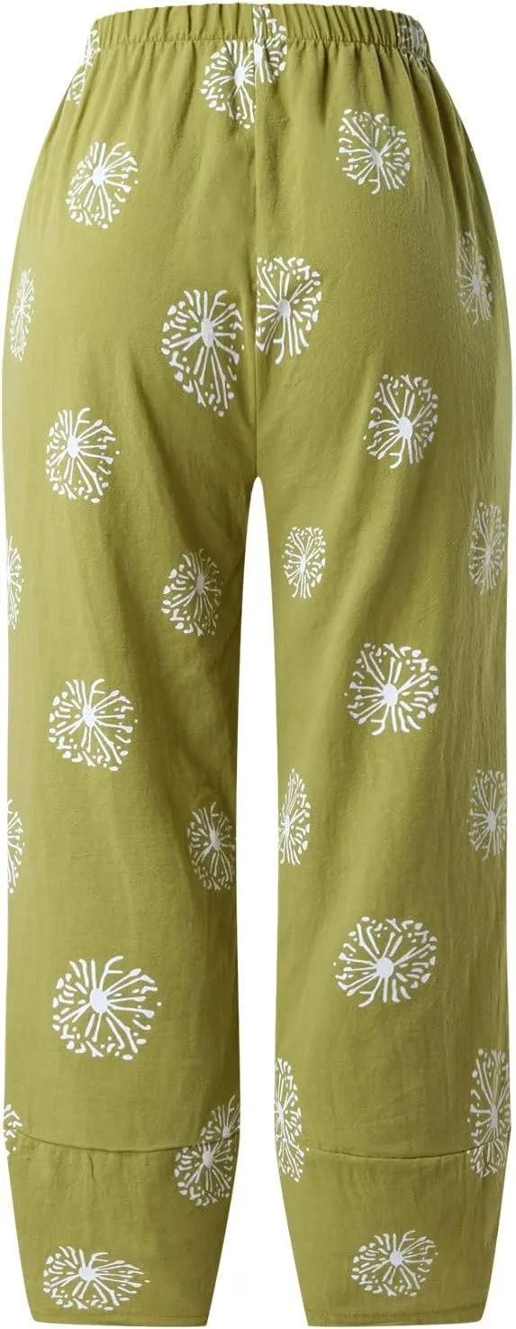 Cotton Linen Pants for Women Wide Leg Elastic Waist Printed Capri Pant Casual Loose Summer Cropped Trousers with Pockets
