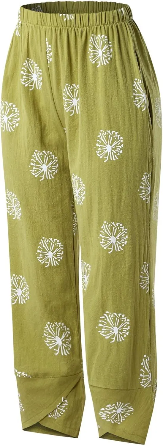 Cotton Linen Pants for Women Wide Leg Elastic Waist Printed Capri Pant Casual Loose Summer Cropped Trousers with Pockets