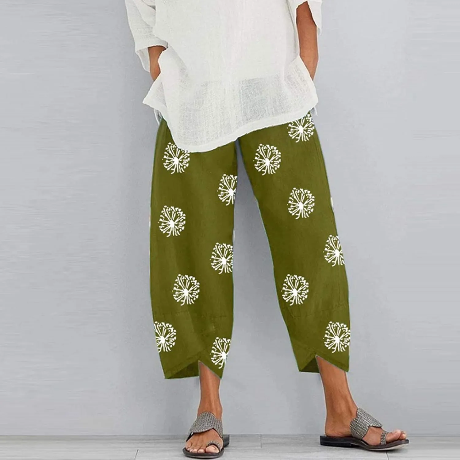 Cotton Linen Pants for Women Wide Leg Elastic Waist Printed Capri Pant Casual Loose Summer Cropped Trousers with Pockets
