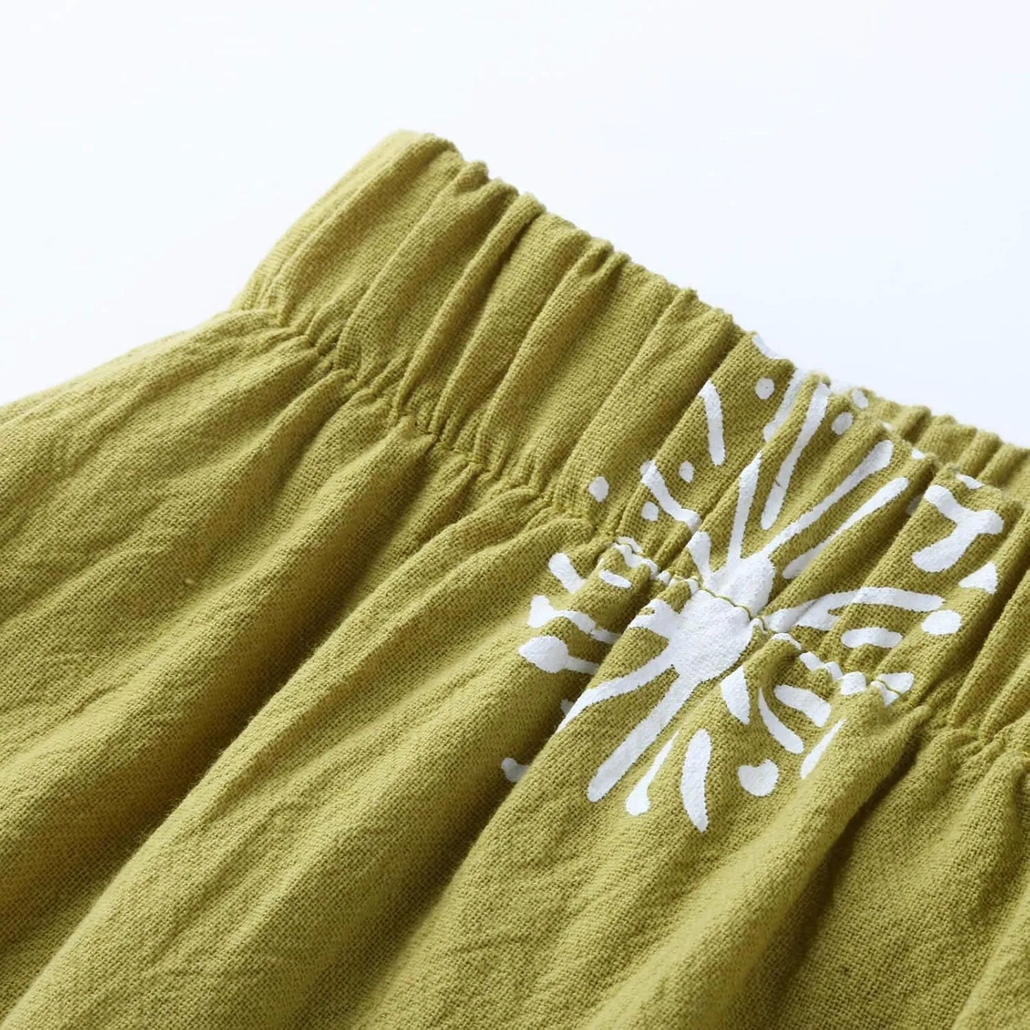 Cotton Linen Pants for Women Wide Leg Elastic Waist Printed Capri Pant Casual Loose Summer Cropped Trousers with Pockets