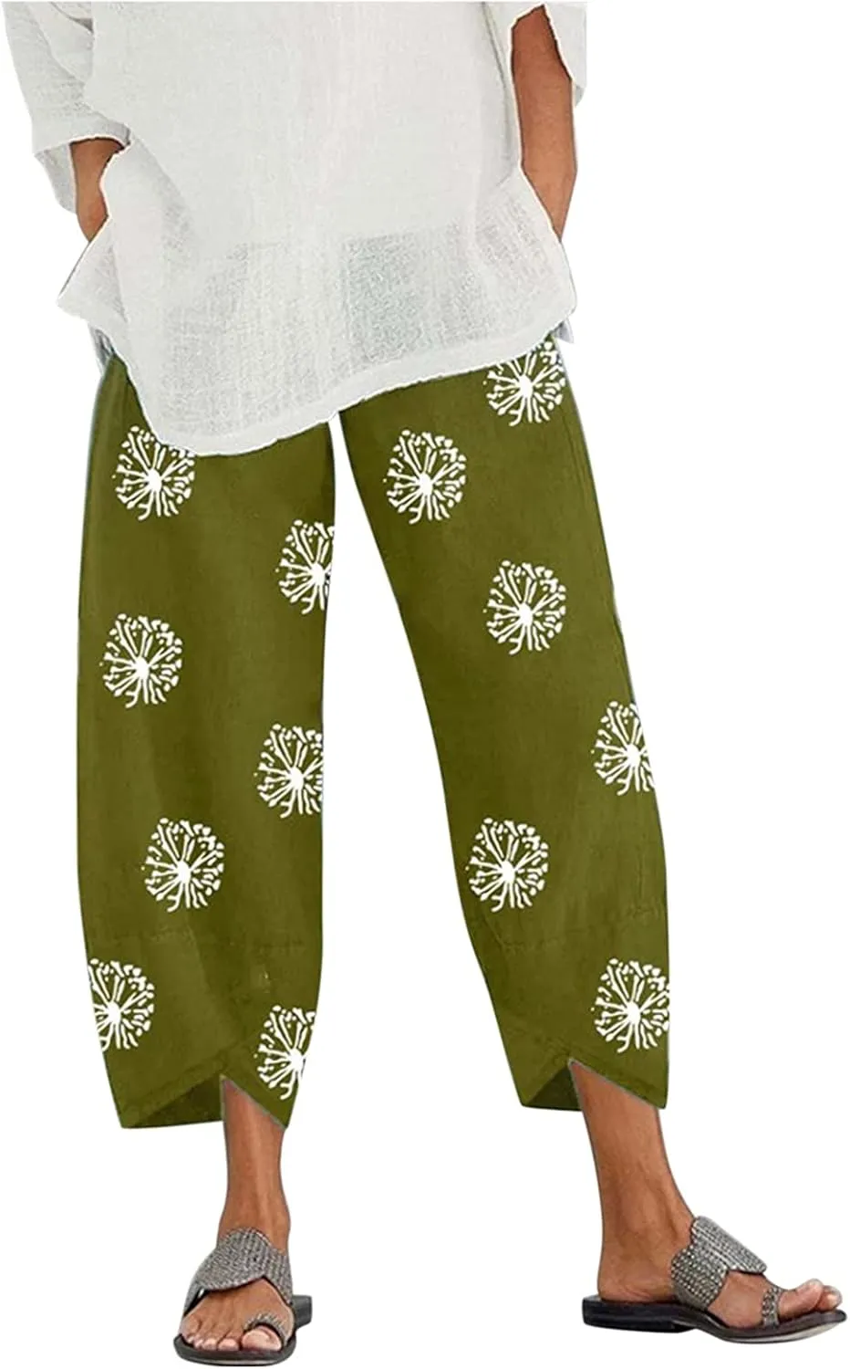 Cotton Linen Pants for Women Wide Leg Elastic Waist Printed Capri Pant Casual Loose Summer Cropped Trousers with Pockets