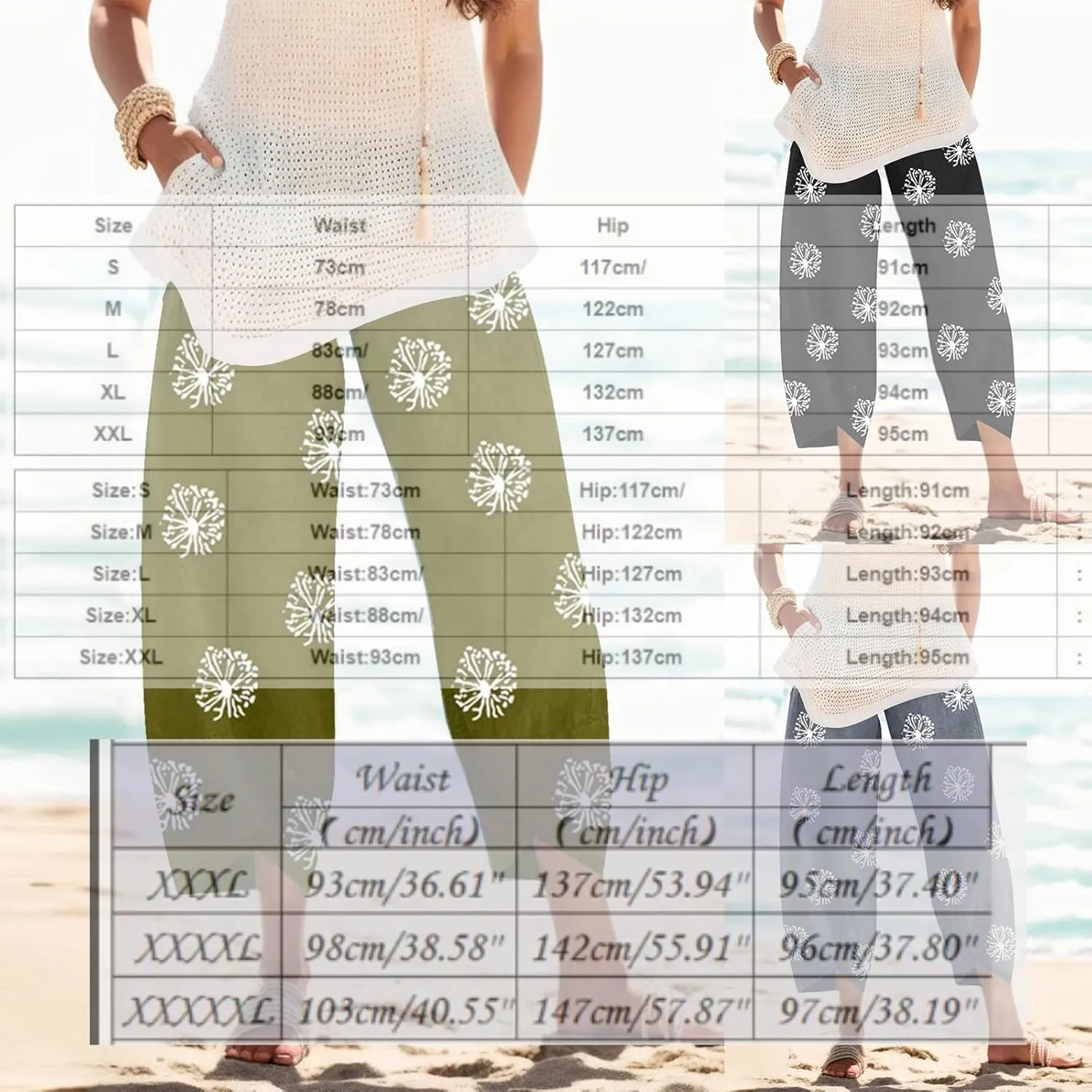 Cotton Linen Pants for Women Wide Leg Elastic Waist Printed Capri Pant Casual Loose Summer Cropped Trousers with Pockets
