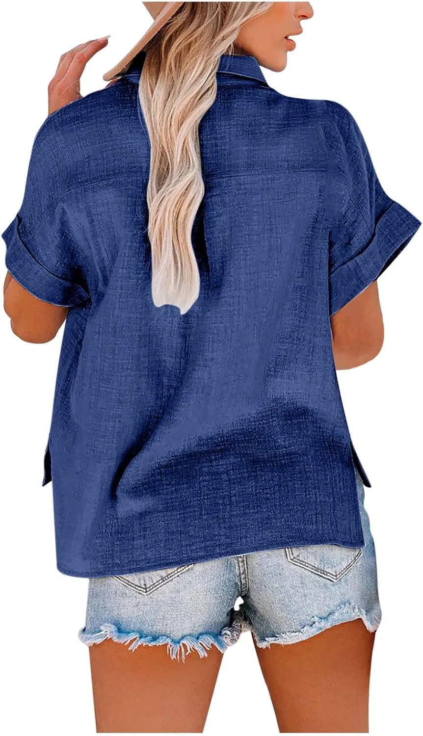 Cotton Linen Shirts for Women Summer Short Sleeve Casual Collared top Loose fit Solid V Neck Button Down T-Shirt tee
