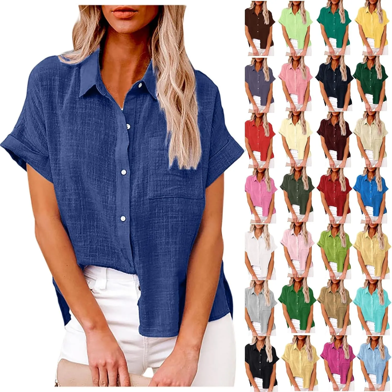 Cotton Linen Shirts for Women Summer Short Sleeve Casual Collared top Loose fit Solid V Neck Button Down T-Shirt tee