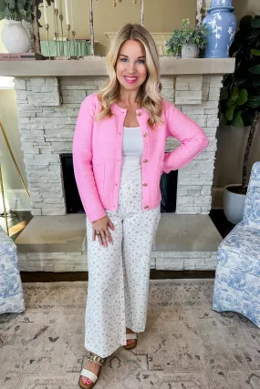 Floral Printed White Wide Leg Jeans in Pink