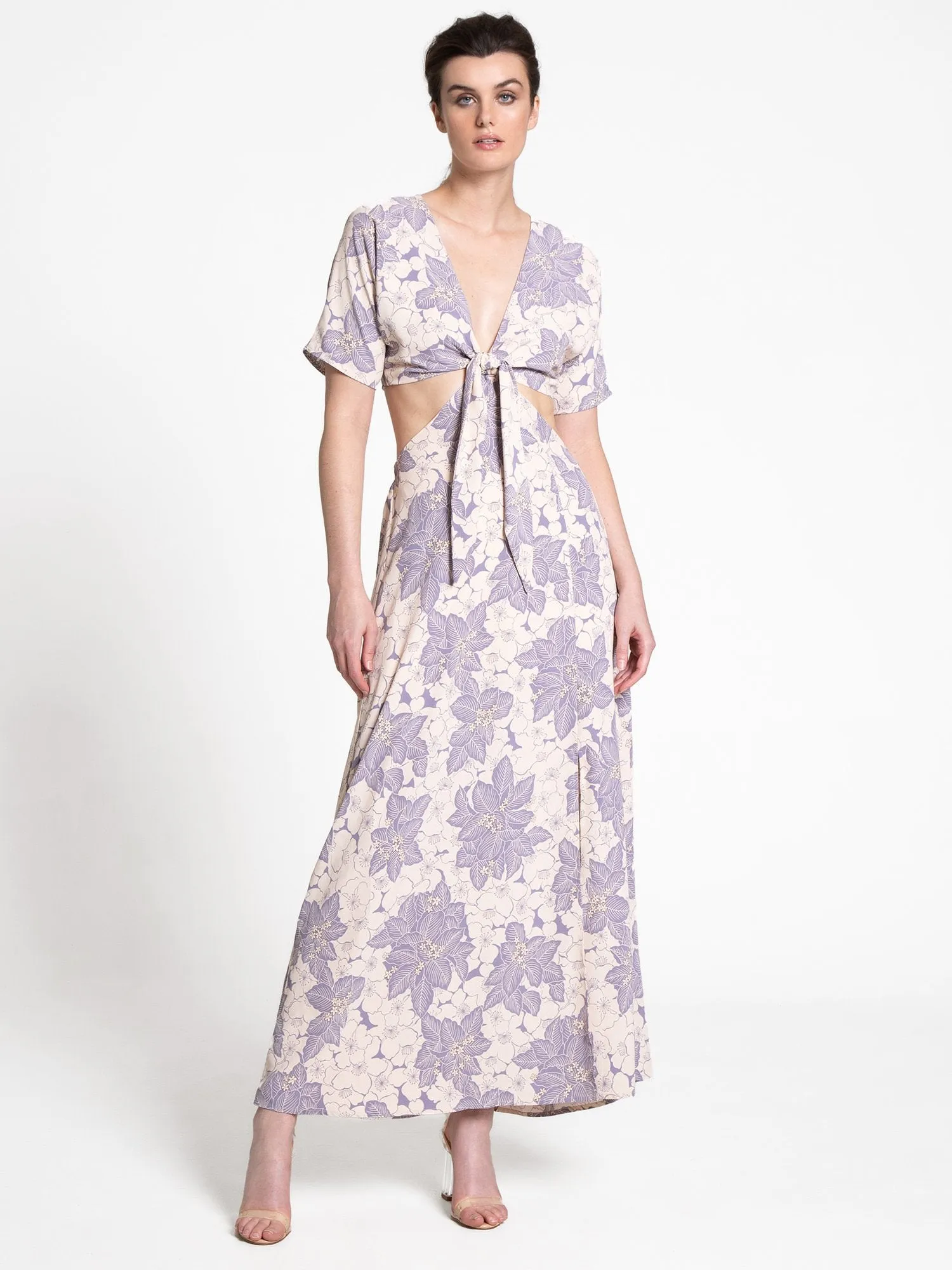 Fore Collection Front-Tie Cut Out Floral Short Sleeve Maxi Dress - Brands We Love