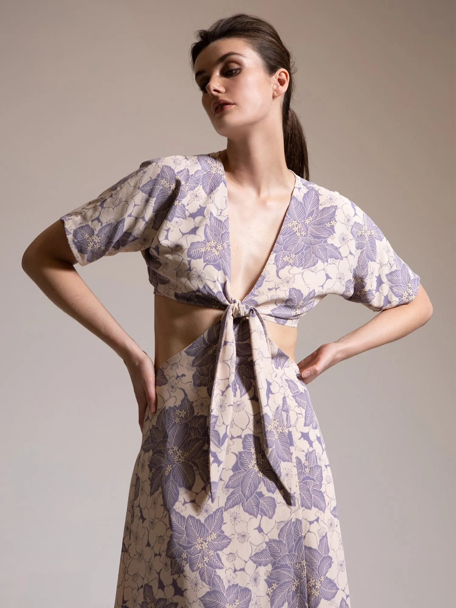 Fore Collection Front-Tie Cut Out Floral Short Sleeve Maxi Dress - Brands We Love