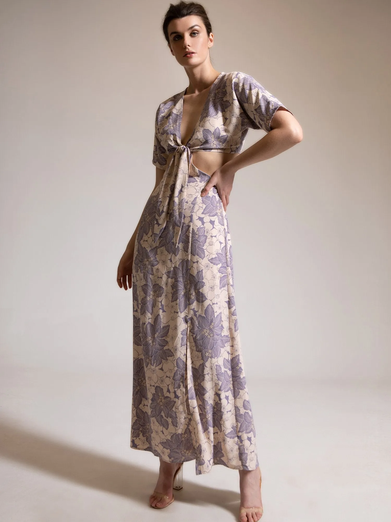 Fore Collection Front-Tie Cut Out Floral Short Sleeve Maxi Dress - Brands We Love