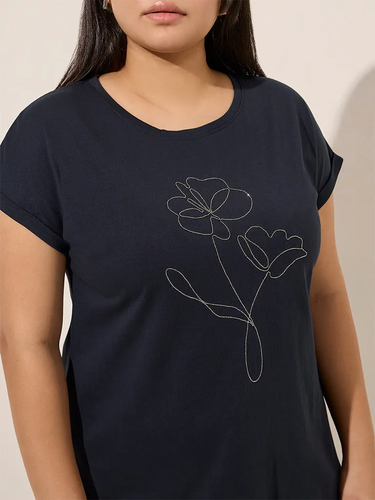 Gia Navy Floral Embroidered Cotton T-Shirt