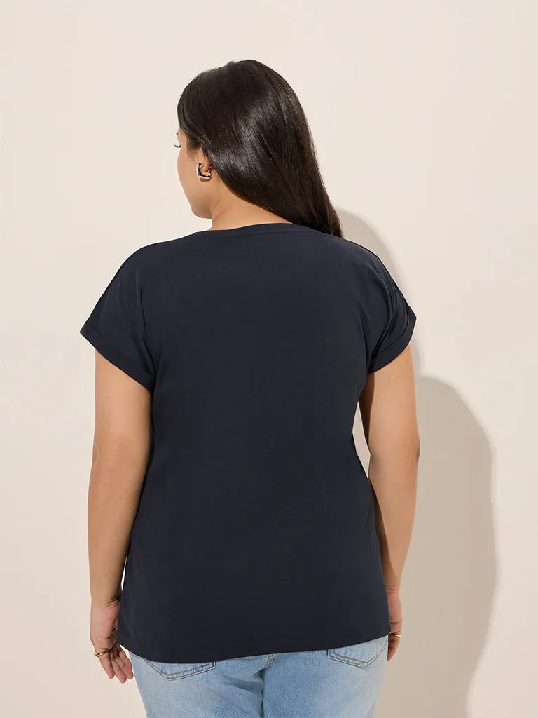 Gia Navy Floral Embroidered Cotton T-Shirt