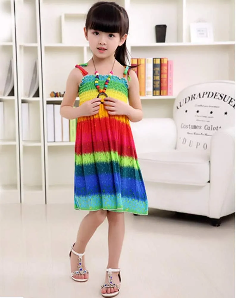 Girls Bohemian Dresses Floral Sleeveless Rainbow Beach Sundress with Necklace 2-12T