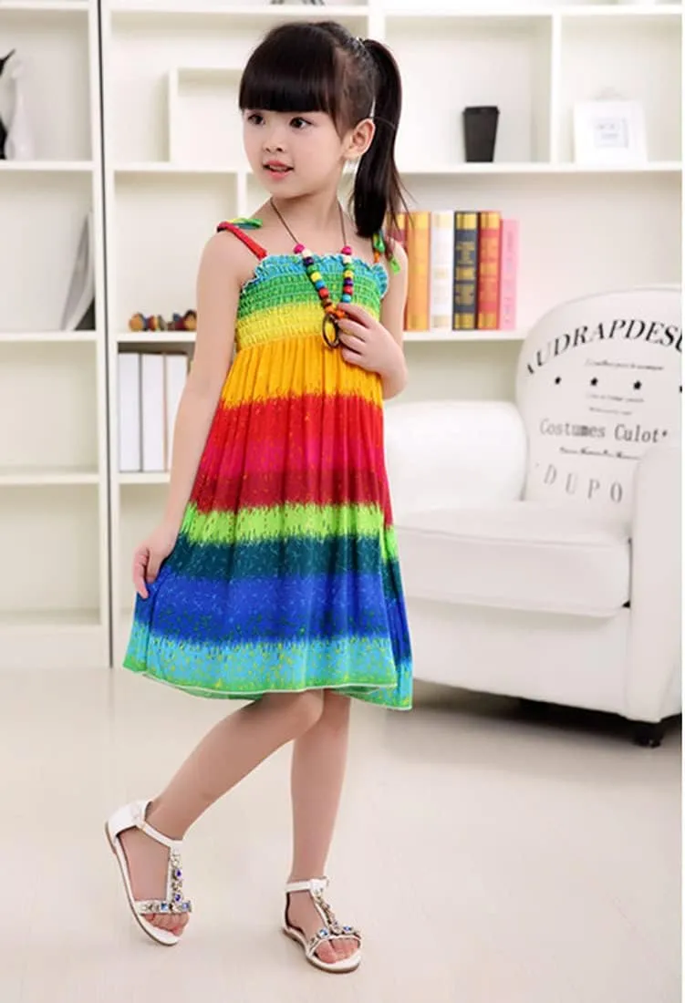 Girls Bohemian Dresses Floral Sleeveless Rainbow Beach Sundress with Necklace 2-12T