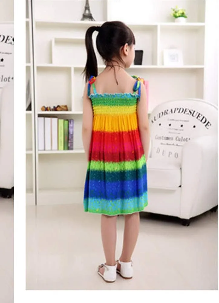 Girls Bohemian Dresses Floral Sleeveless Rainbow Beach Sundress with Necklace 2-12T