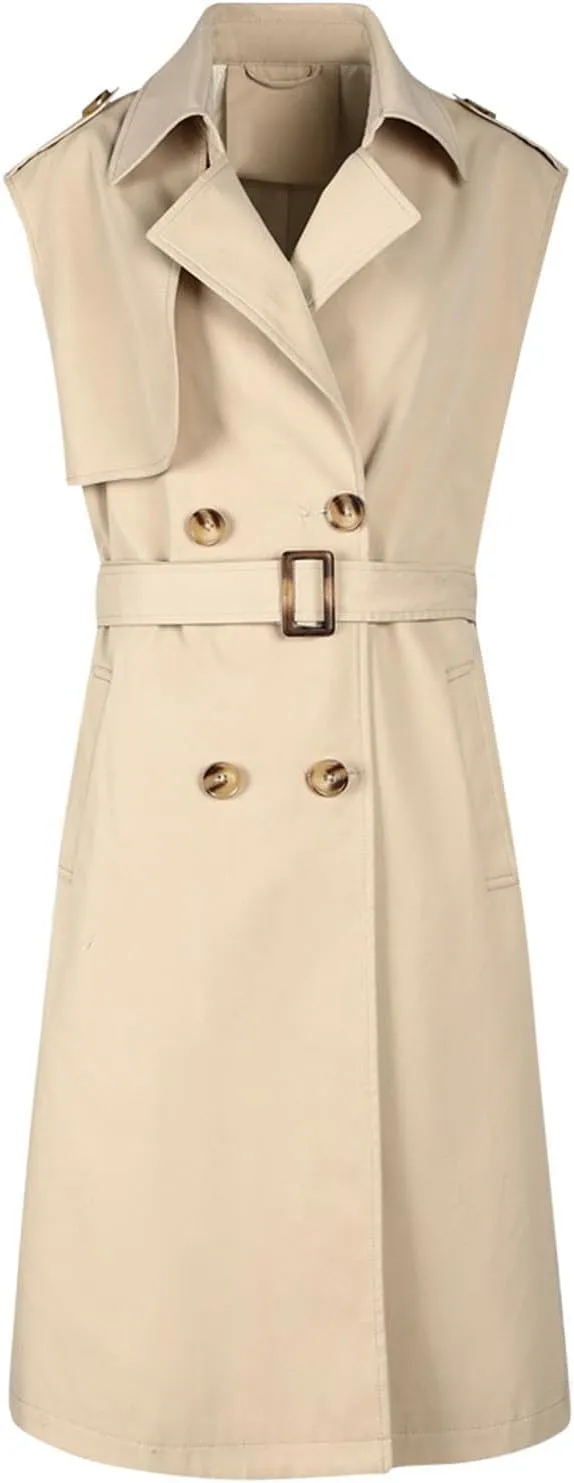 HGps8w Women's Chic Sleeveless Long Trench Coats Classic Lapel Double Breasted Mid-Length Belted Overcoat Dress Jacket